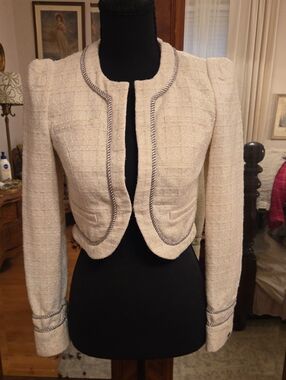 Guess Cream Tweed Cropped Blazer with Rope Metallic Trim